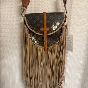 Vintage redone Louis Vuitton Floral Brown Crossbody Bag with Fringe